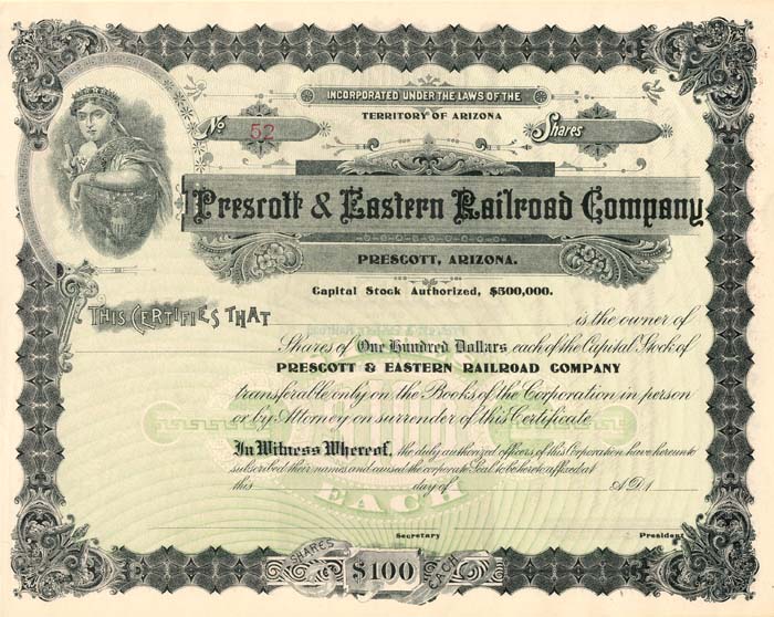 Prescott and Eastern Railroad Co. - Prescott, Arizona Railway Unissued Stock Certificate - Part of the Atchison, Topeka and Santa Fe Railroad